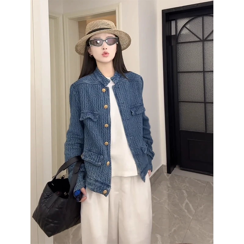 韩式复古小香风立领长袖牛仔外套女2025秋季新款时尚短款夹克上衣