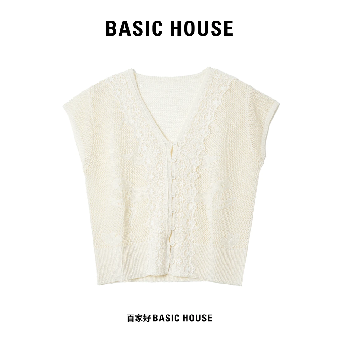 Basic House/百家好2025年夏季新款镂空蕾丝圆领针织衫1892 MM