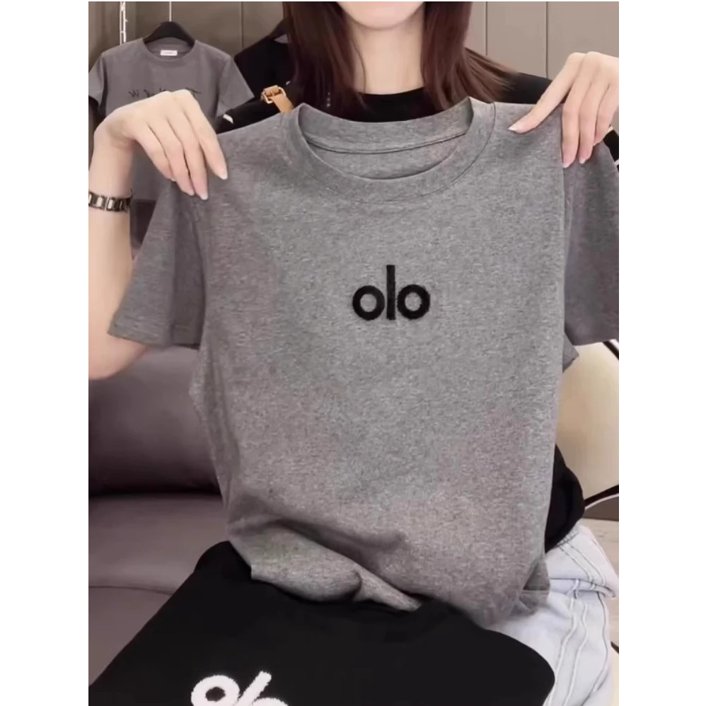 芯娇晴灰色圆领正肩短袖T恤女夏季2025新款字母刺绣时尚半袖上衣