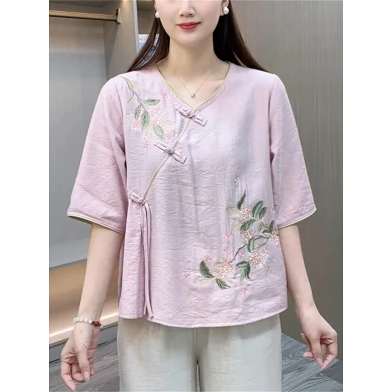 夏季新款中袖衬衫女文艺复古中式刺绣盘扣小衫轻薄显瘦中老年女装