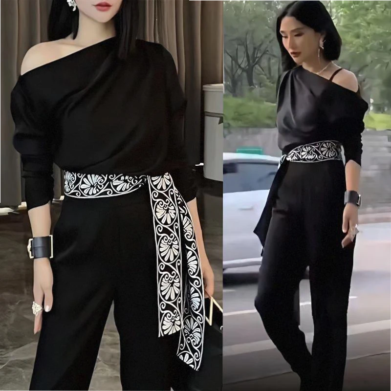 2025年春秋高端轻奢时尚套装气质显瘦黑色露肩衬衣阔腿裤两件套