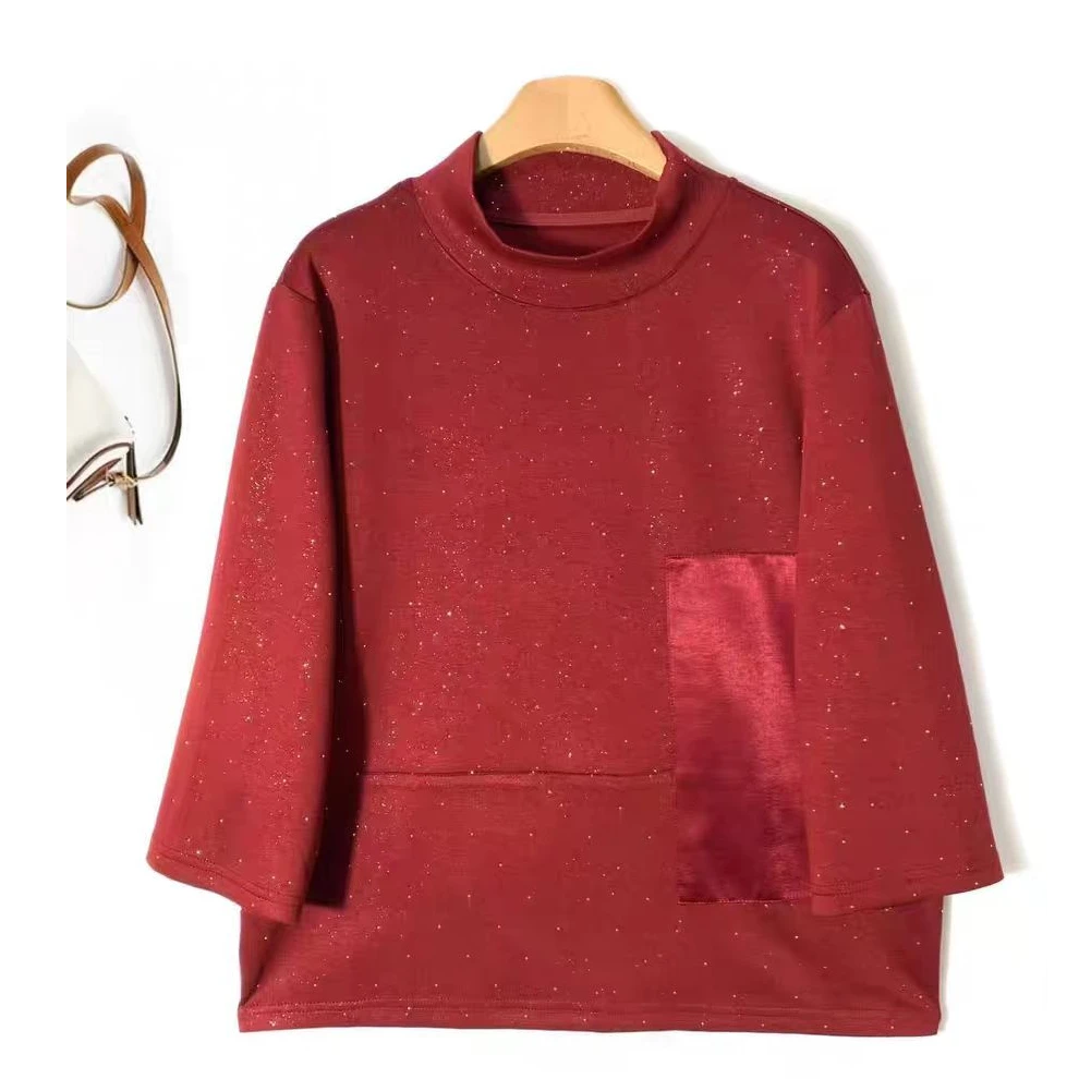 春夏季宽松显瘦休闲复合棉高温烫钻立领七分袖T桖上衣