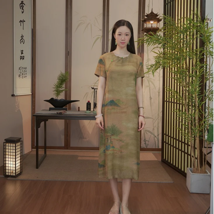 观鹅 新中式圆领旗袍袍子HQ2007