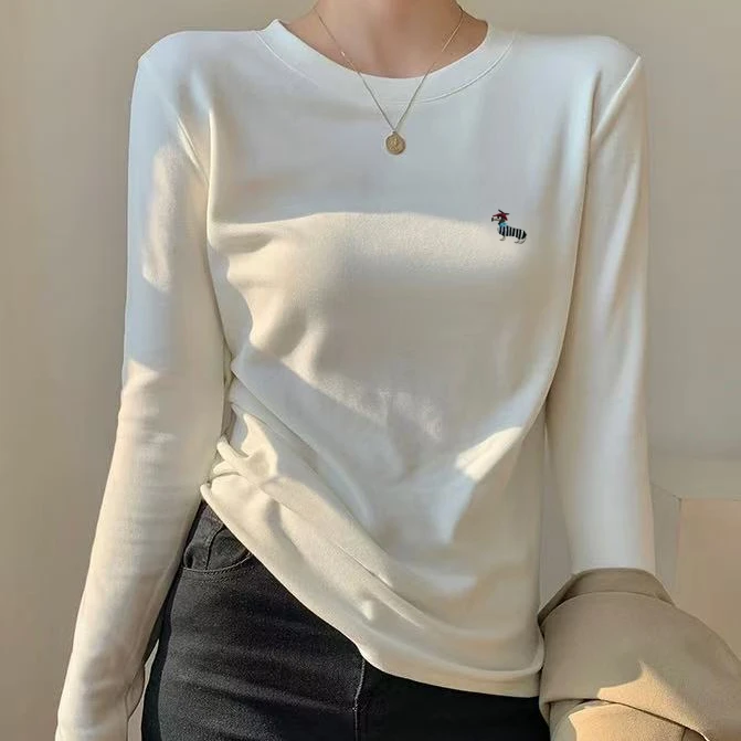 【串串儿专属】秋冬时尚百搭圆领宽松常规款休闲简约刺绣长袖打底衫