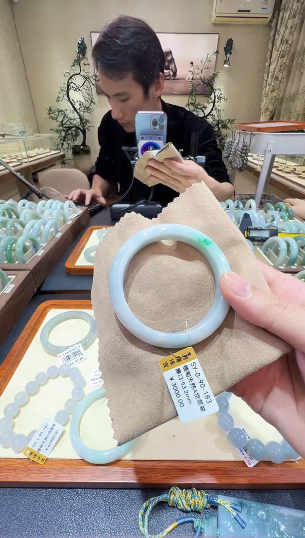 纯天然缅甸A货翡翠手镯53-54mm-纹-90183号