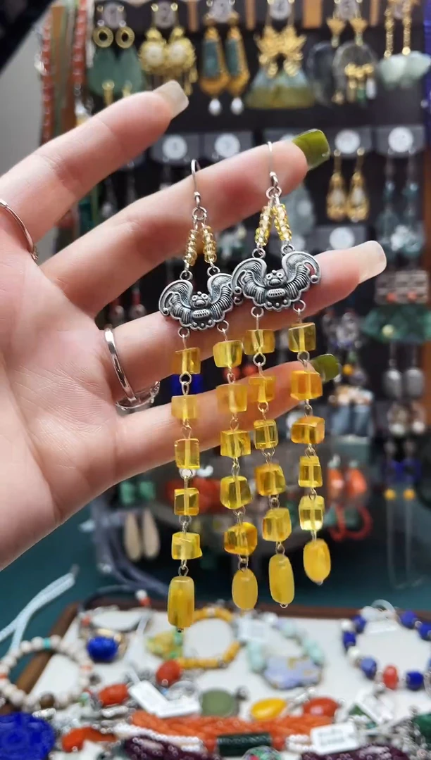 蜜蜡银S925镶嵌耳饰饰品