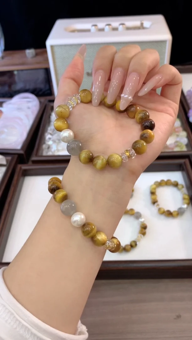 未镶嵌手链水晶桃禧 D-J016-34金虎眼贝珠灰月光