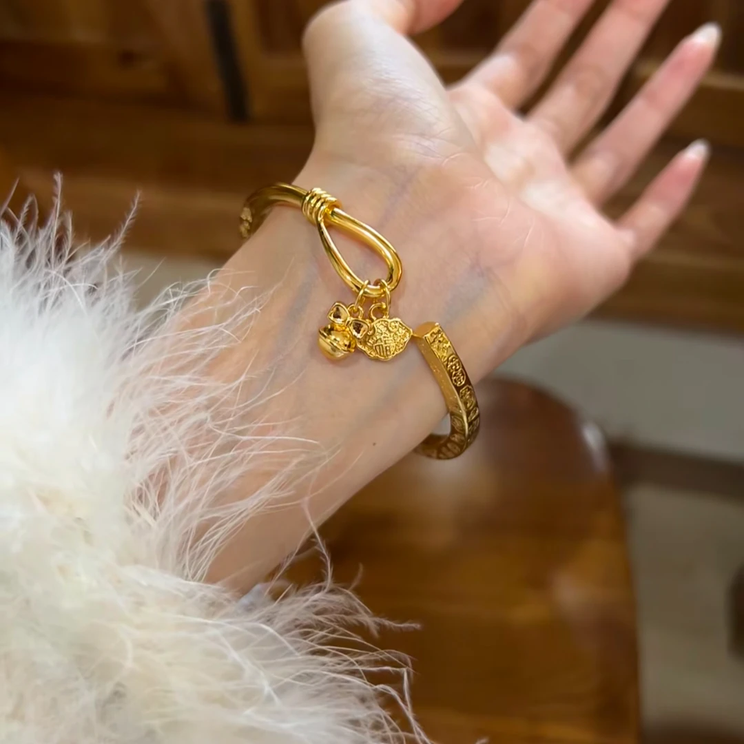 铜合金手镯  新中式吉言铃铛福字手镯复古如意开口手镯