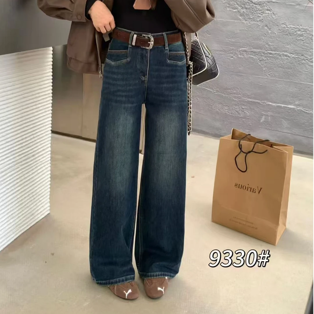 9330番外冬季新款韩系百搭显瘦高腰加绒舒适时尚牛仔直筒裤女