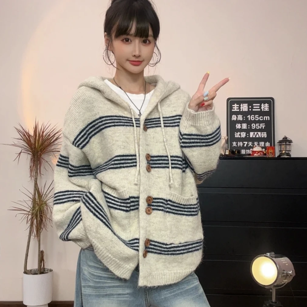 条纹连帽女中长款毛针织衫加厚秋冬季灰色海妖风上衣加厚毛衣外套