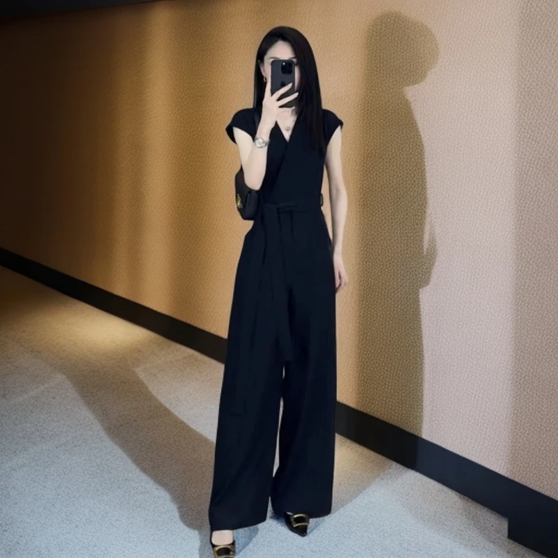 气质女神范连体裤女夏季职业通勤时尚法式v领束腰修身显瘦阔腿裤