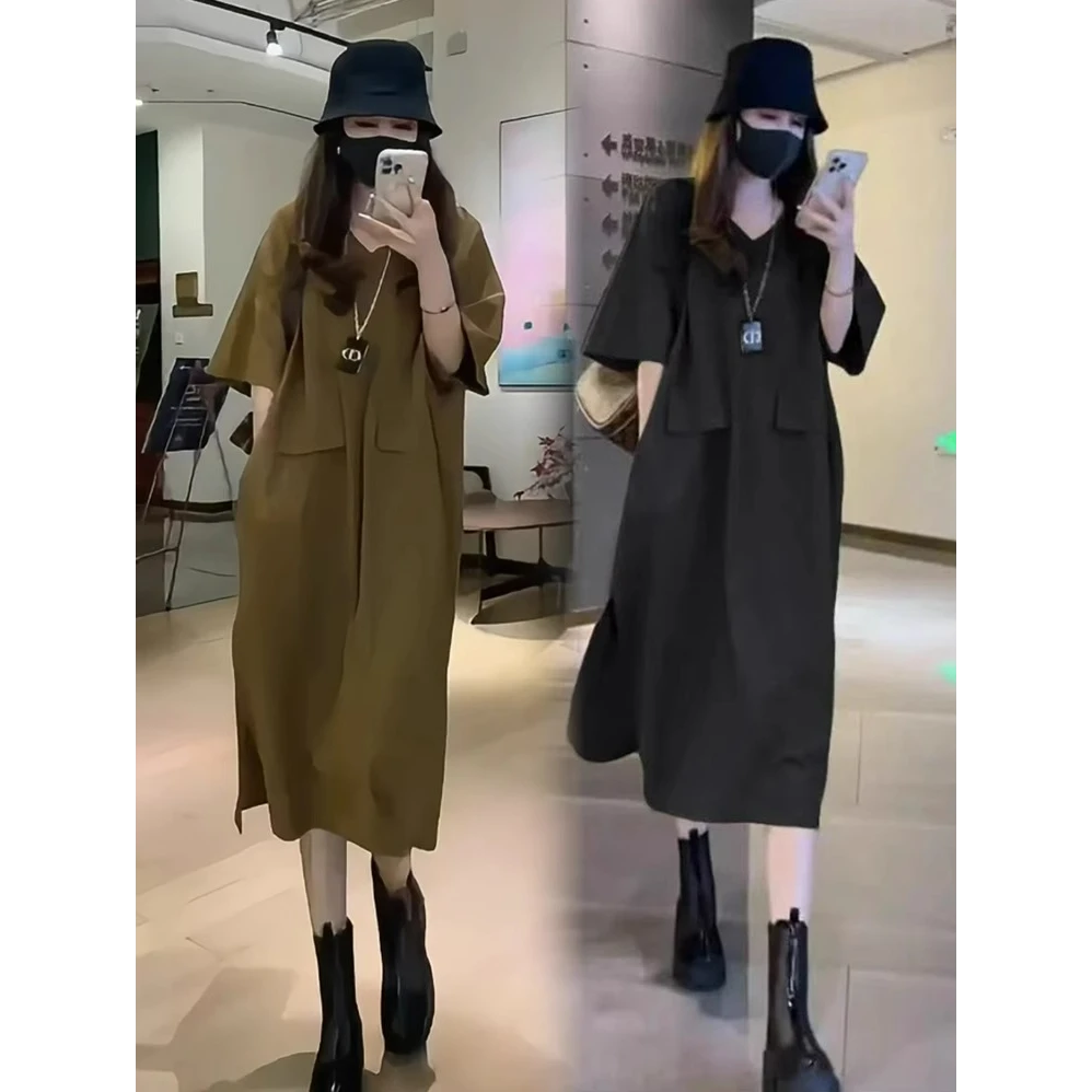 时尚洋气连衣裙女2025春季新款时髦宽松显瘦半袖中长款过膝长裙潮