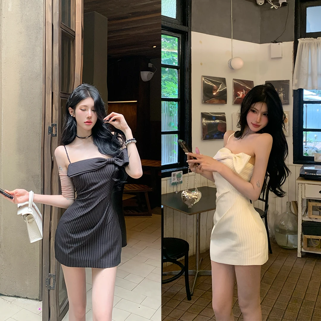 牛牛【一见钟情】春夏法式条纹气质氛围一字肩抹胸连衣裙N2502394