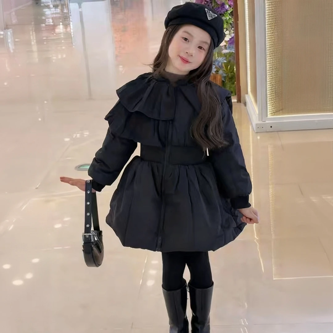 女宝冬季韩版加厚中长款公主风外套2025新款洋气荷叶披肩保暖棉服