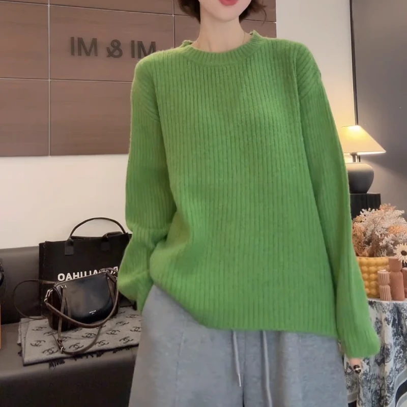 新款秋冬季节圆领纯色宽松休闲毛针织衫女LK2509029