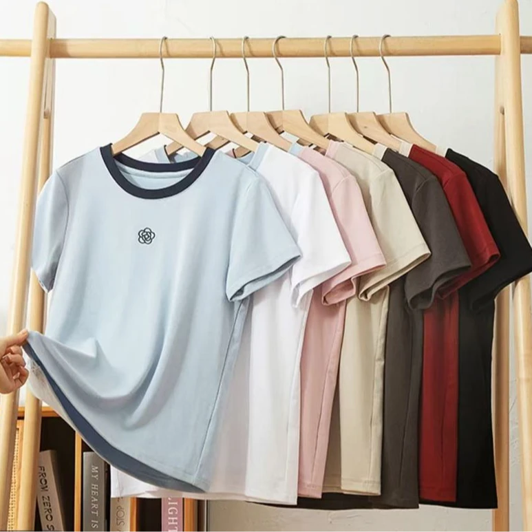 山茶花刺绣！莱赛尔天丝~接触即凉/撞色短袖T恤女