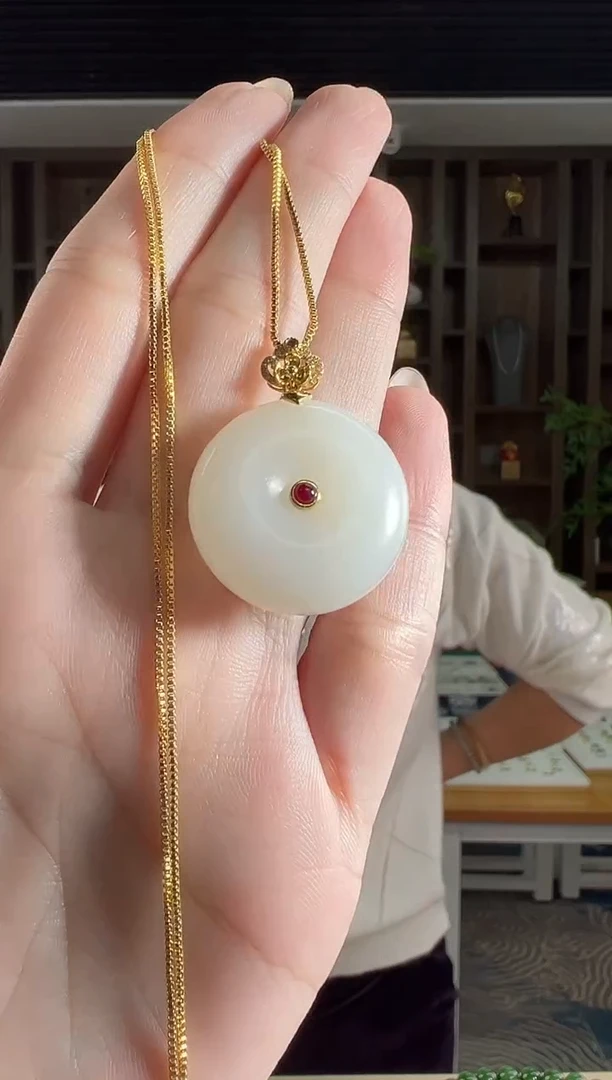 吊坠(不含链)18K金镶嵌和田玉和田玉18K白玉平安扣吊坠