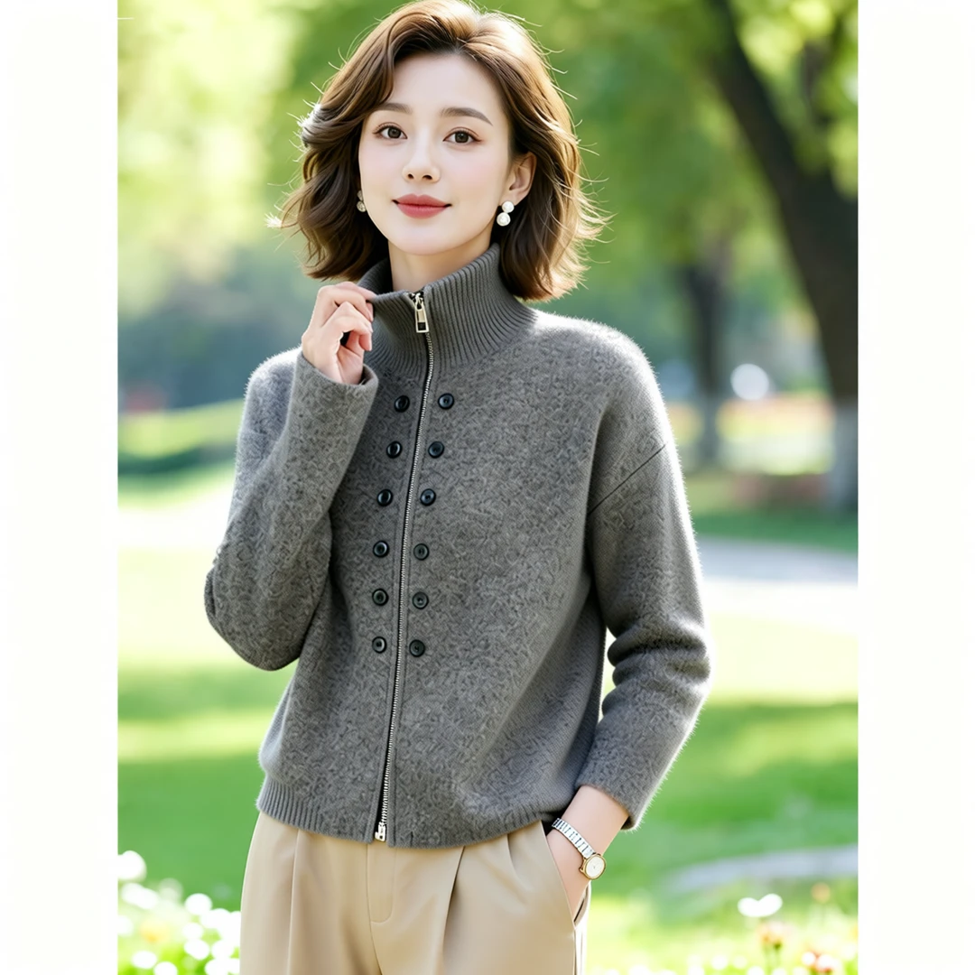 AQ#重工时尚双排毛衣拉链针织加厚开衫慵懒气质上衣显瘦百搭A103
