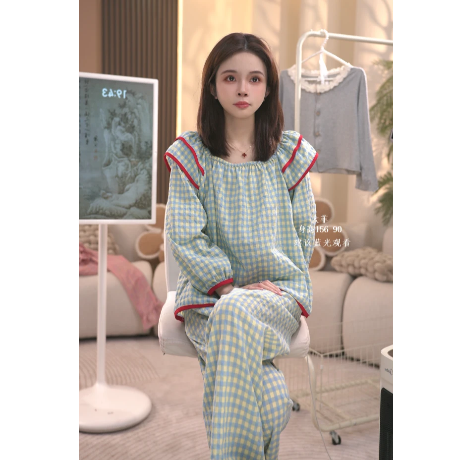 大菲【青色忧伤】甜美小香风春夏新款棉薄款长袖可外穿家居服