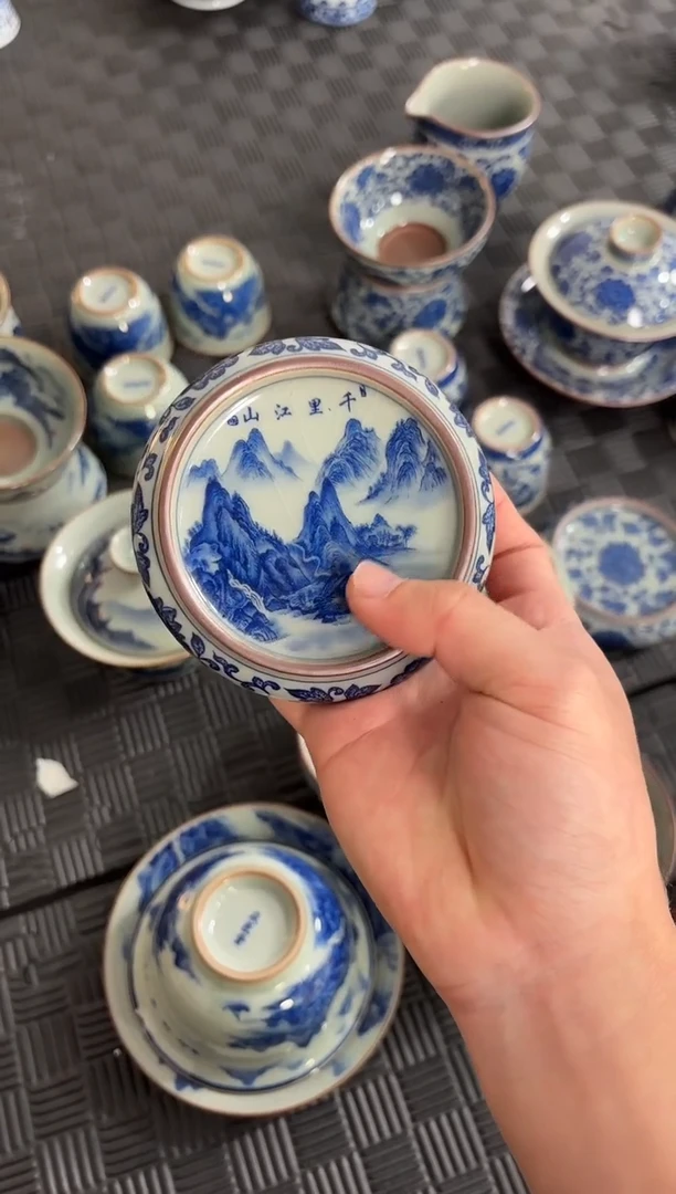 盖碗陶瓷景德镇陶瓷茶具老陶泥千里江山盖置