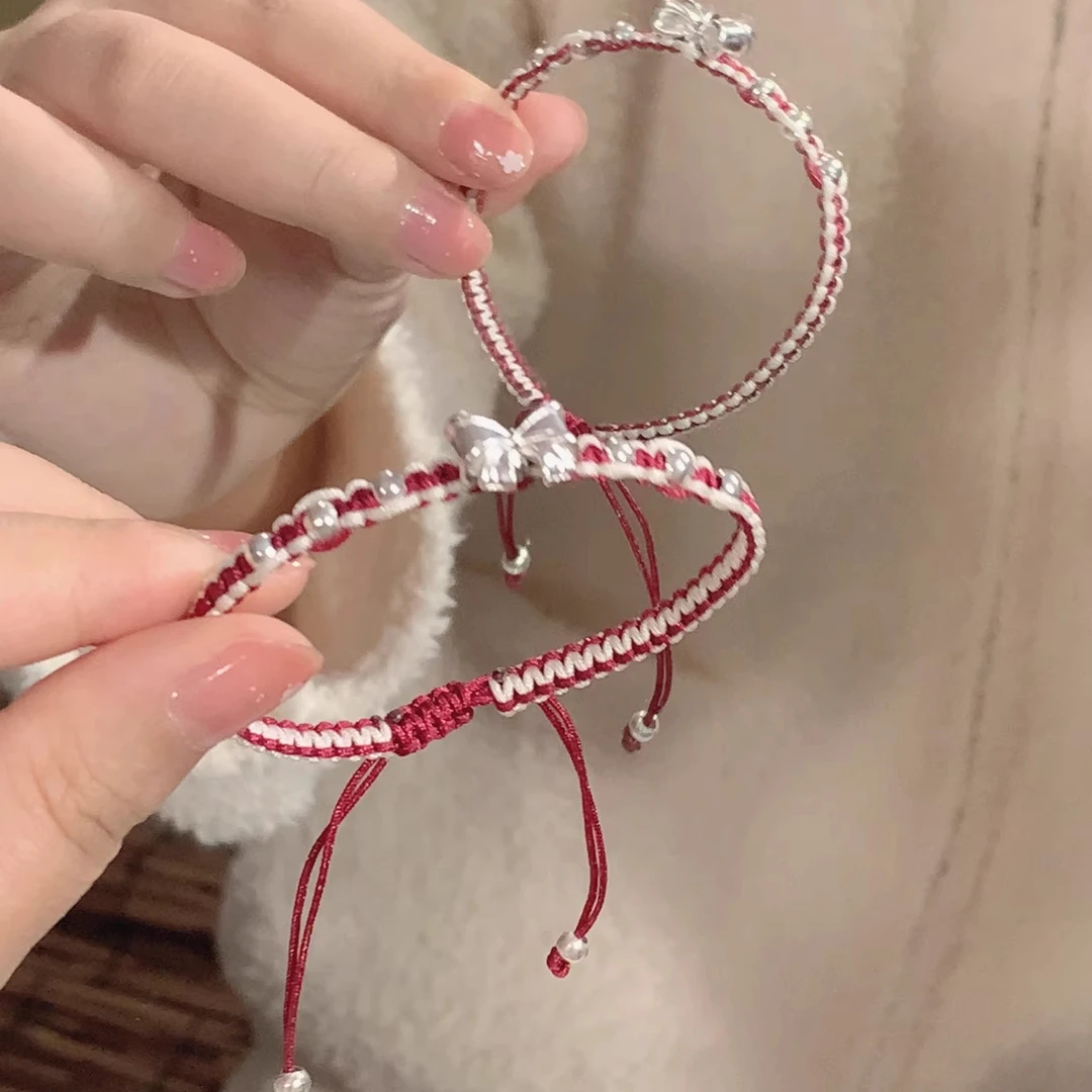 足银手链 蝴蝶结红手绳手链纯银999编织绳小清新送闺蜜女生日礼物