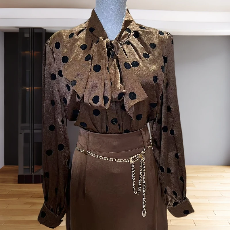 【娜孜】法式气质波点衬衫女长袖复古蝴蝶结上衣134