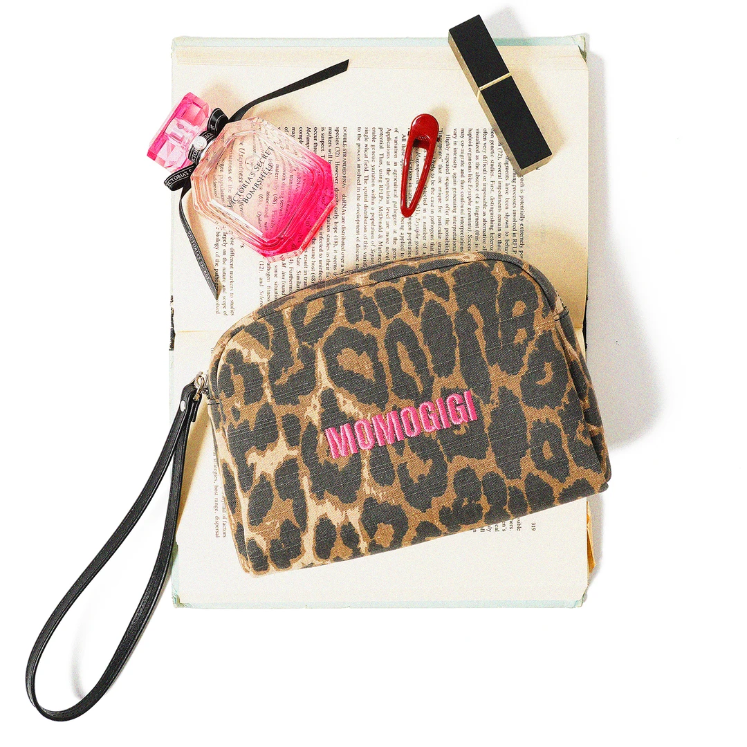 Momogigi粉红豹 原创设计水洗豹纹帆布大容量化妆包收纳包手拿包