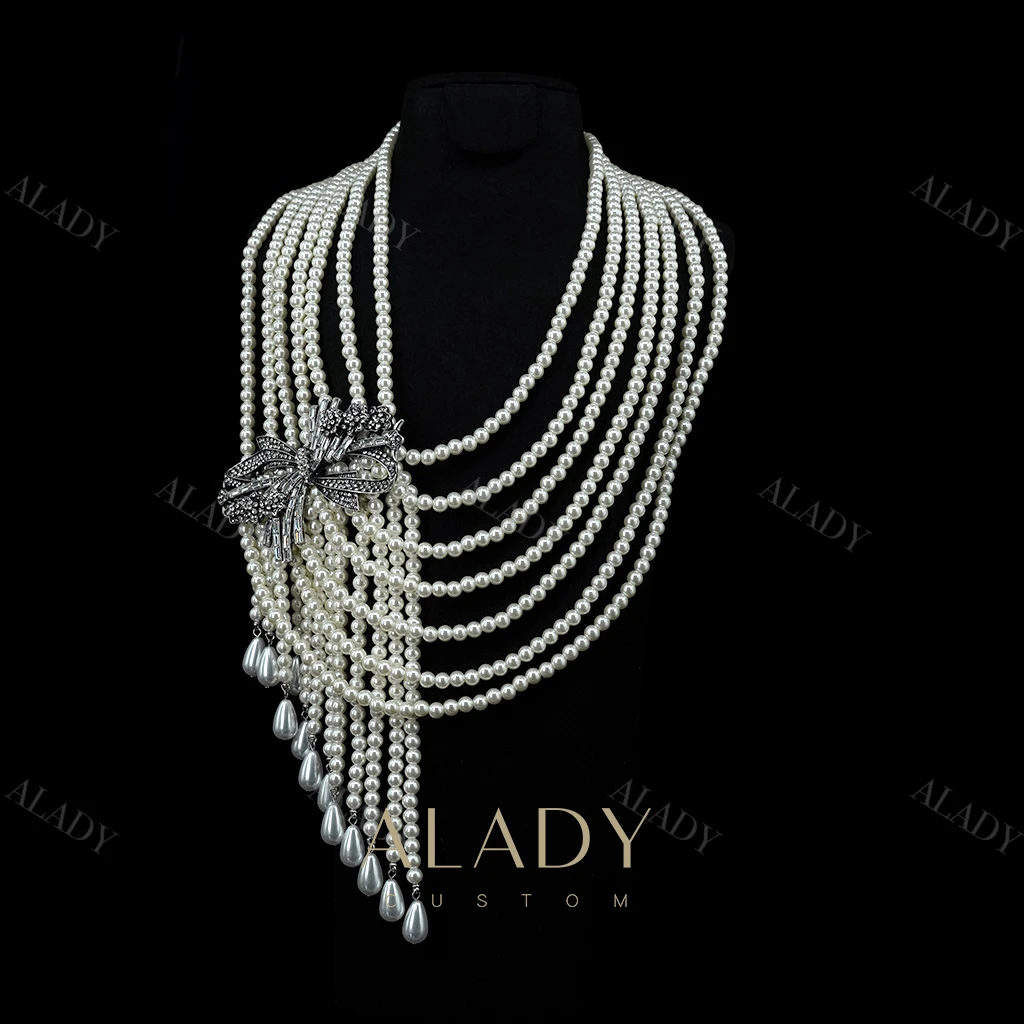 合金仿珍珠项链 蝴蝶结多层珠珠项链-MFC2651