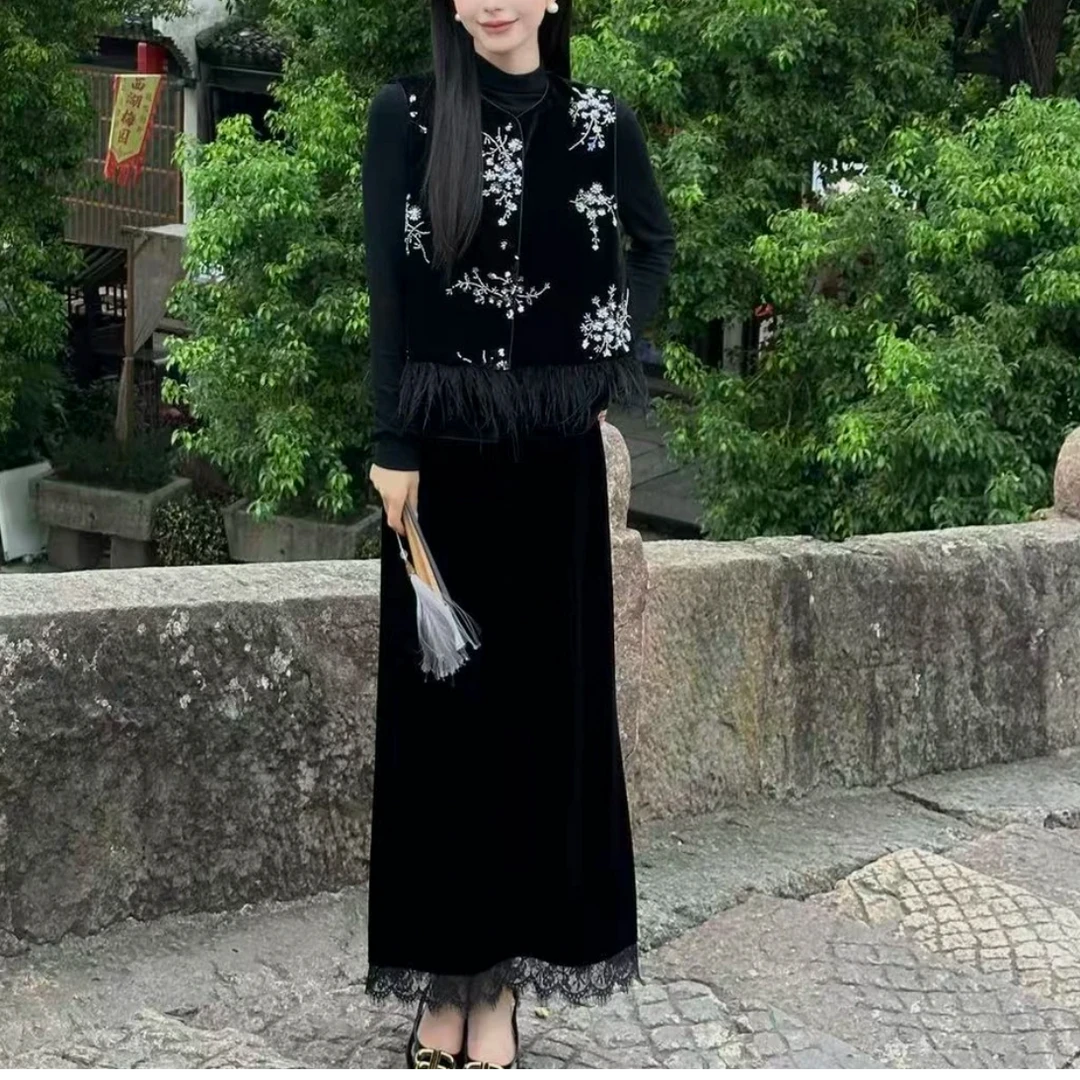 秋季新中式下摆拼接外套复古丝绒国风马甲气质半身裙内搭