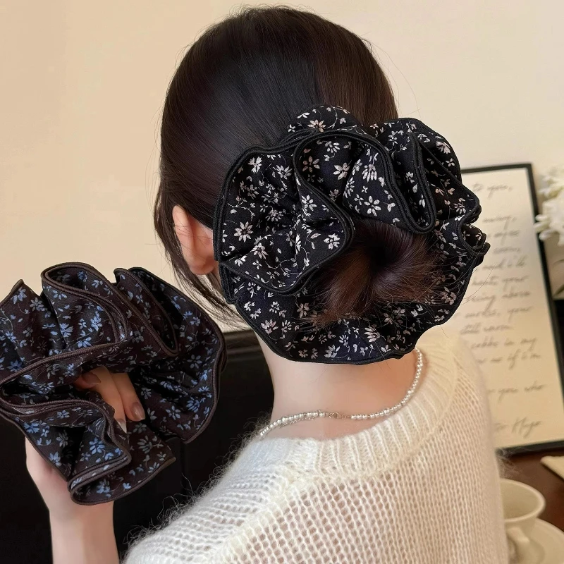时尚复古咖色蓝碎花四层大肠发圈秋冬高级温柔百搭头绳发绳头花