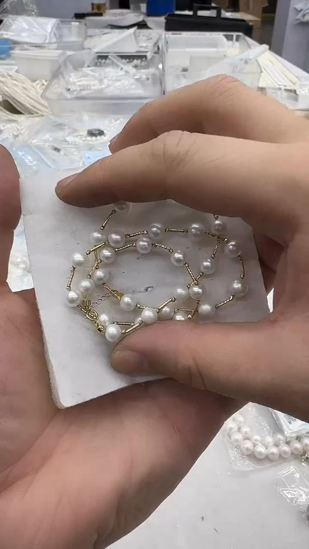 项链18K金镶嵌淡水珍珠6-7mm 金管满天星-孤品