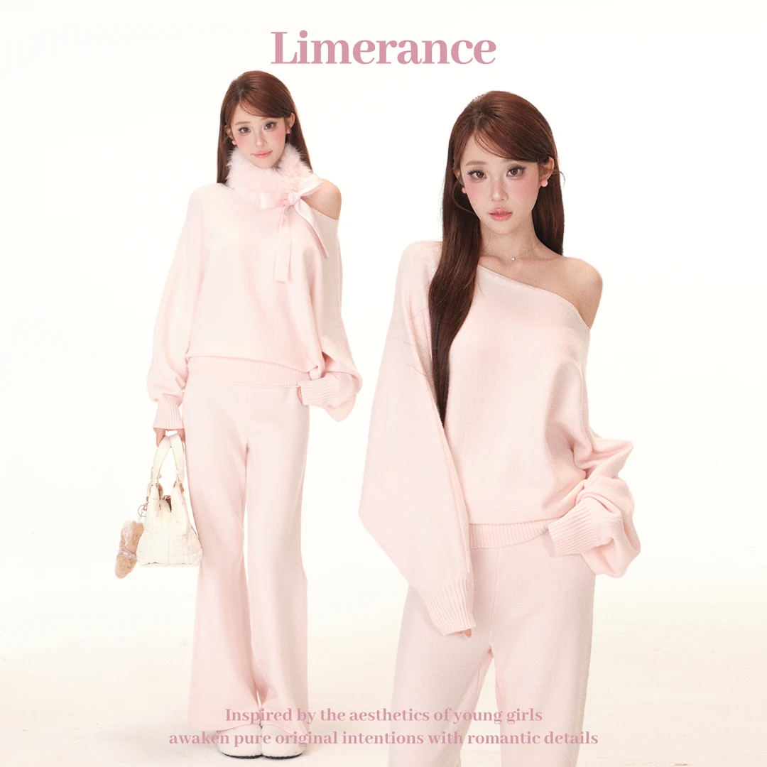 甜梨呆呆粉瓷少女一字领斜肩多穿针织衫秋冬慵懒翻腰长裤套装毛毛