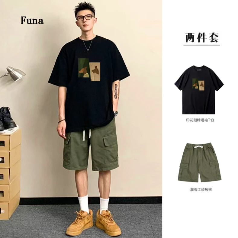 夏季潮牌重磅纯棉短袖T恤男休闲宽松痞帅男装一整套搭配帅气套装