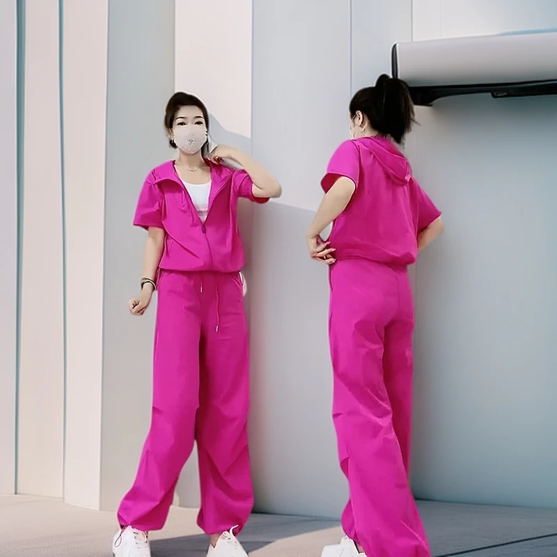 夏季新款运动休闲套装减龄连帽宽松短袖速干防晒阔腿洋气两件套