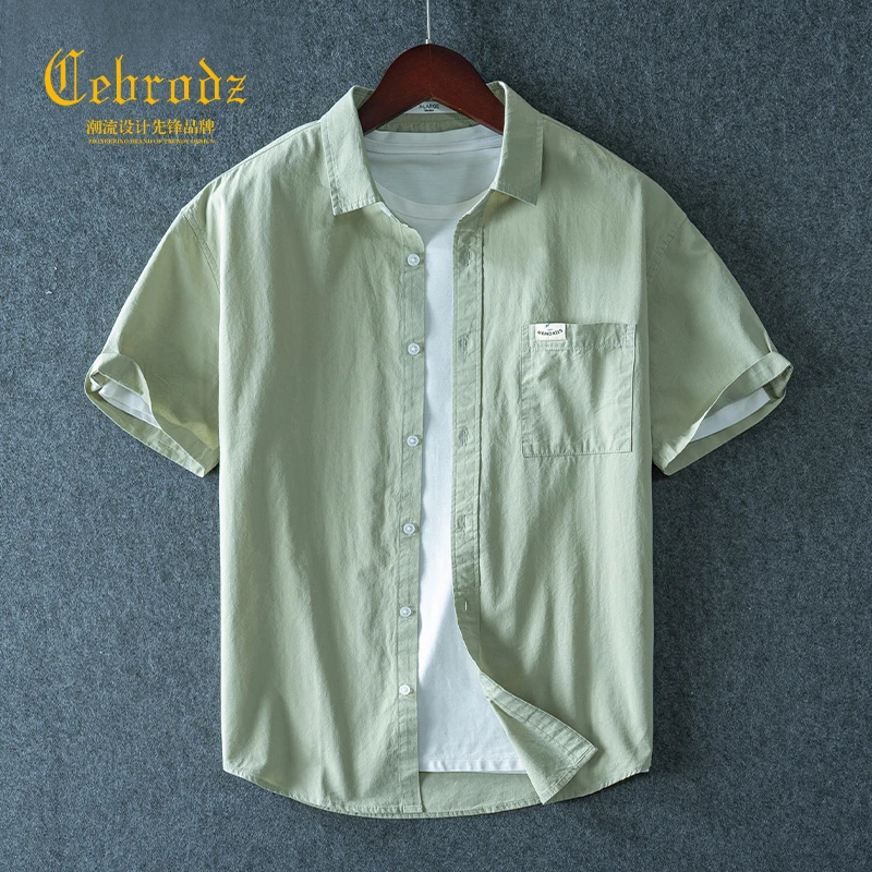 Cebrodz夏季薄款男短袖衬衫日系休闲文艺衬衣青年宽松衬衫清新