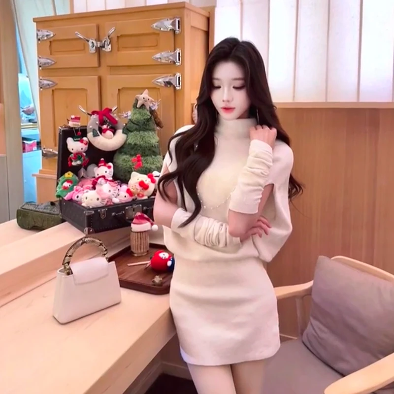 【韩系姐姐】高领斗篷针织毛衣辣妹连衣裙+袖套包臀裙短裙