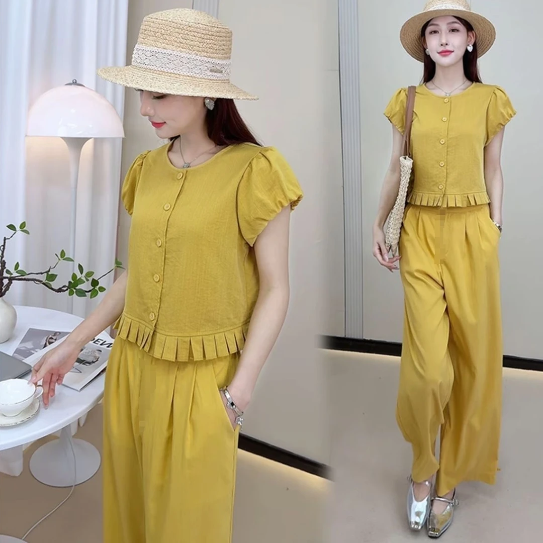 夏季时尚小个子穿搭套装女感短上衣显高阔腿裤两件套