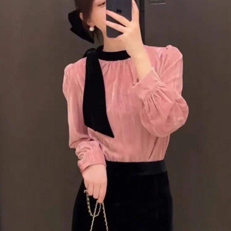 【388】高级感法式衬衫女长袖新款设计感洋气立领上衣打底衫女