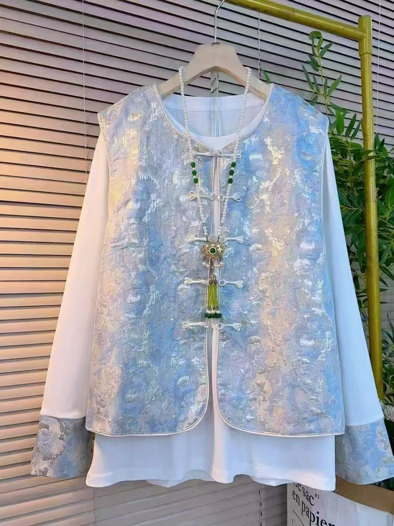 2025春秋新款胖MM大码时尚中式新国风提花奢华马甲打底衫两件套装