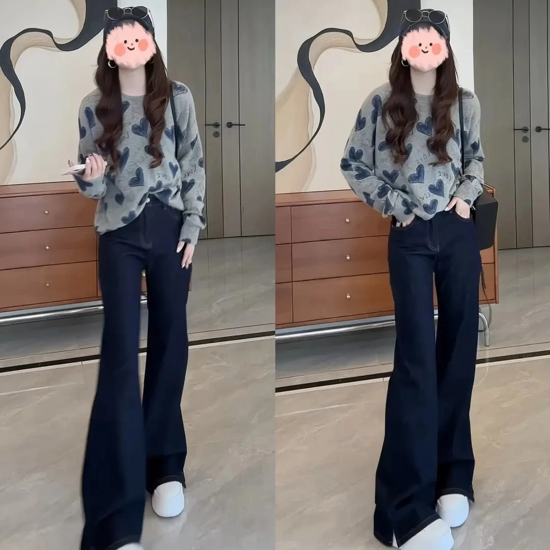 2025秋季新款休闲穿搭爱心圆领字母毛针织衫上衣高腰阔腿裤两件套