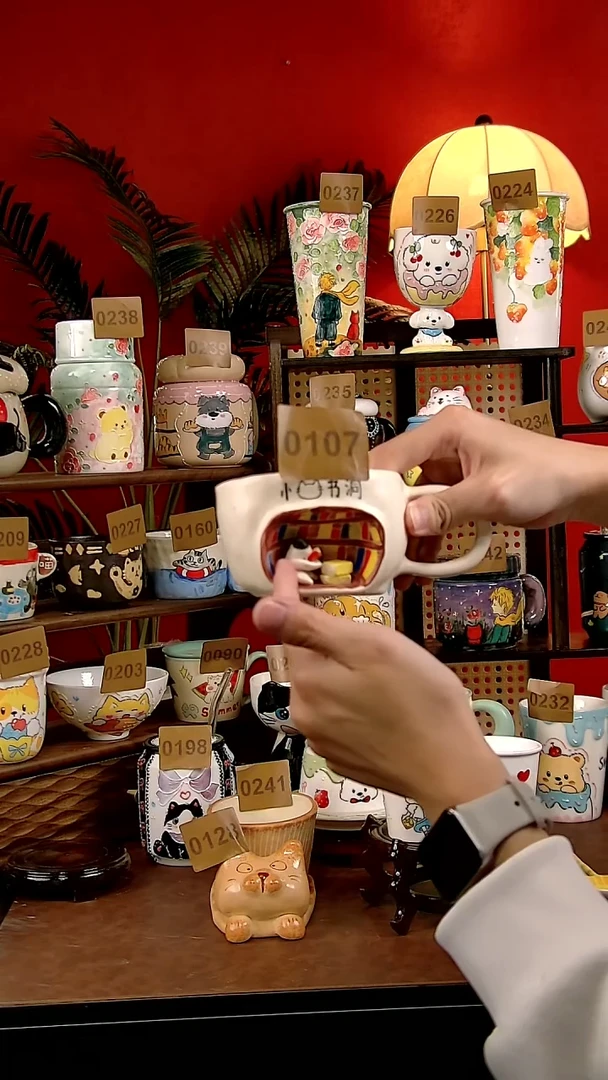 杯子Diy景德镇陶瓷手绘卡通风小猫书洞把手杯