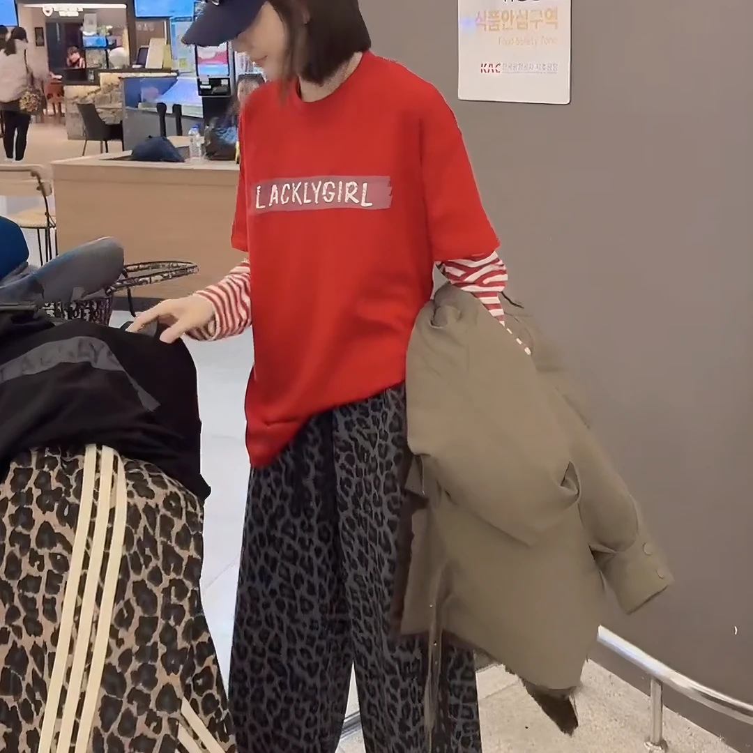 秋冬新款L字母假两件时尚打底休闲宽松拼接百搭长袖T恤LK2508770