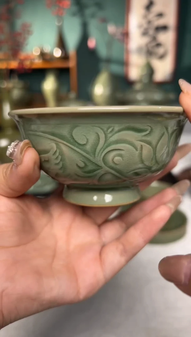 其他纯手工内外双刻鸭戏莲纹压手杯