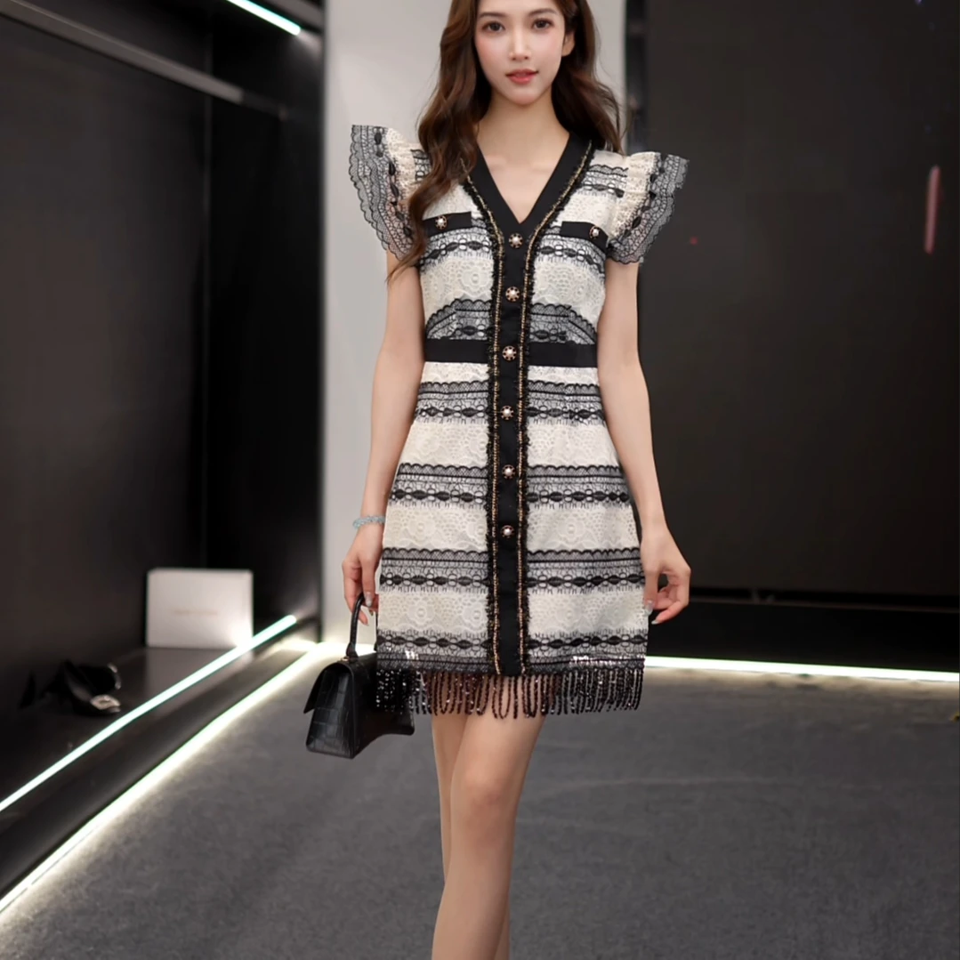 NIMðSHI【专柜飞】气质时尚小香风设计感飞飞袖连衣裙女Q1388