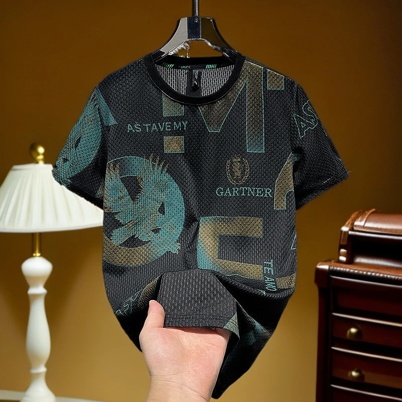 宽松男士休闲时尚短袖免烫夏季圆领T恤百搭时尚运动大码印花男装