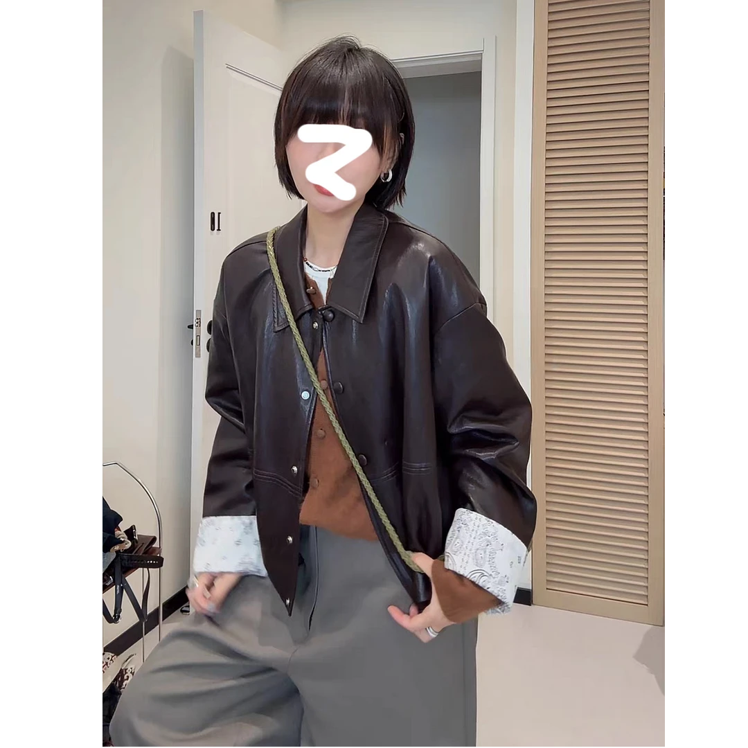 气质时尚设计款复古翻领皮衣外套女秋季宽松显瘦拼接上衣潮女2025