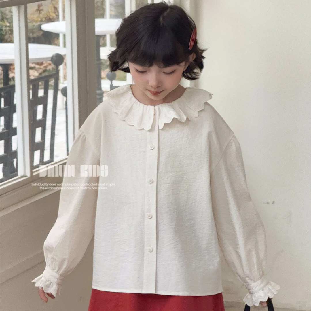 【嗒囜】女童25春季新款宽松花瓣领衬衫儿童百搭长袖新款衬衣上衣