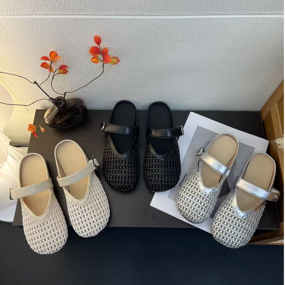 平底法式包头半拖鞋外穿女鞋2025年春夏新款网面透气舒适软底凉拖