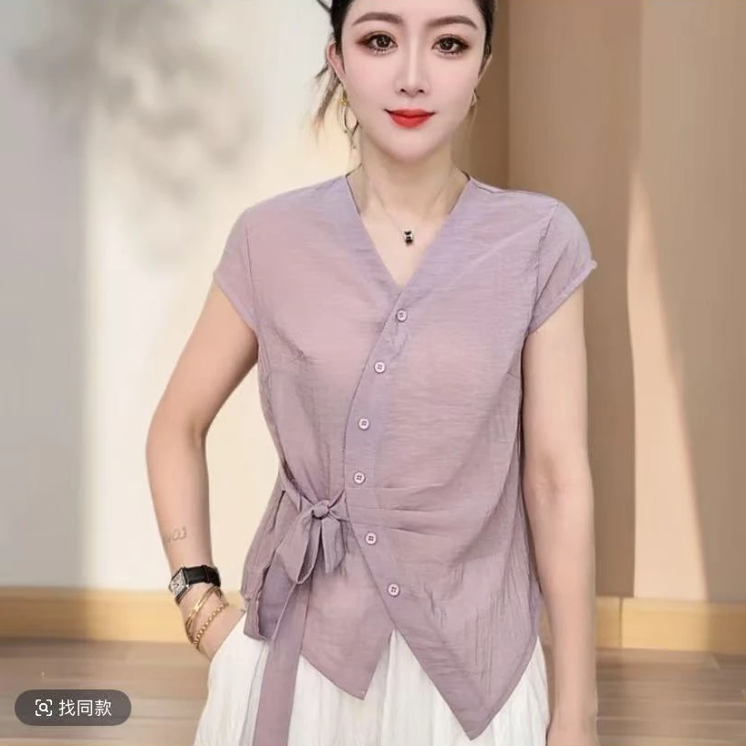 【精品女装】系带短袖纯色夏季衬衫不规则v领薄雾时尚风休闲上衣