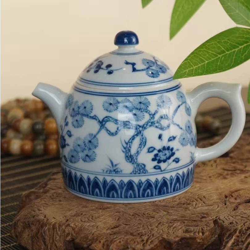 怀山堂仿元秦权壶手绘青花瓷松竹梅岁寒三友茶壶釉下彩180cc